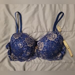 Felina Navy & Tan Lace Mega Push-Up Bra Size 38C Brand New W/Tags